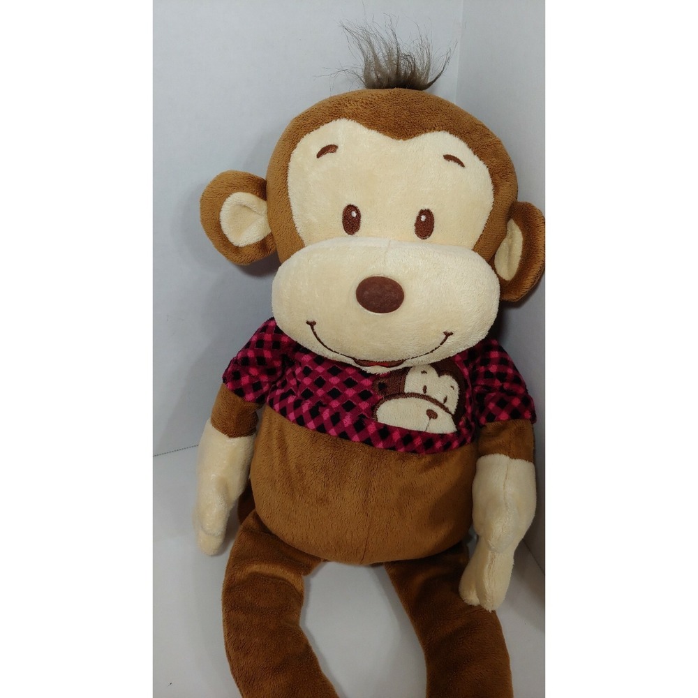 Kellytoy Monkey large brown plush pink black shirt cream face hands feet
